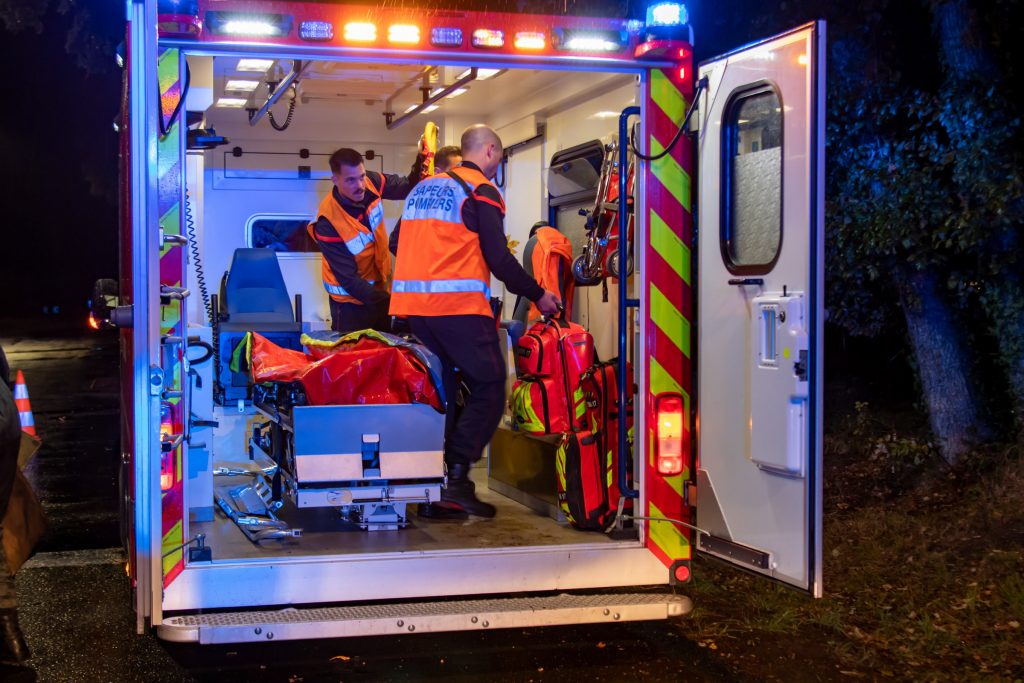 French pompiers in the back of an ambulance